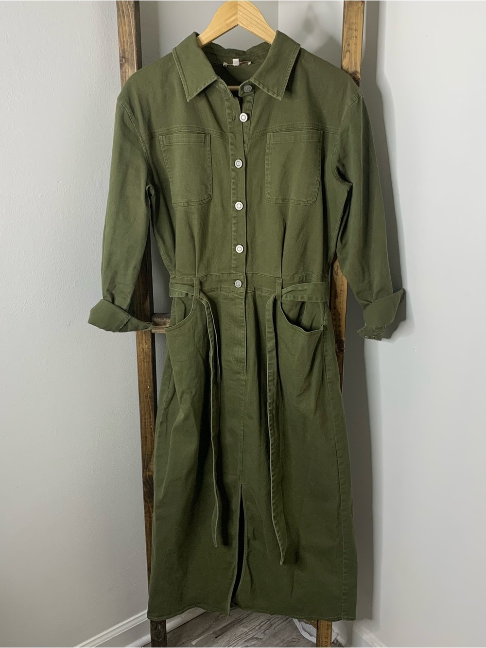 Skies are Blue Olive Green Button-Front Utility Shirt Dress Size S